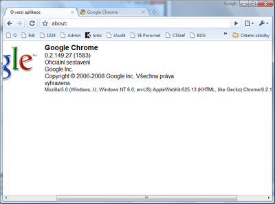 Google Chrome - informace o prohlei