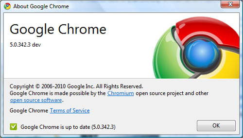 Google Chrome 5.0 dev about dialog