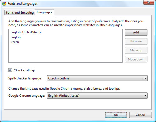 Google Chrome 5.0 dev - pidn dalch jazyk a kontrola pravopisu